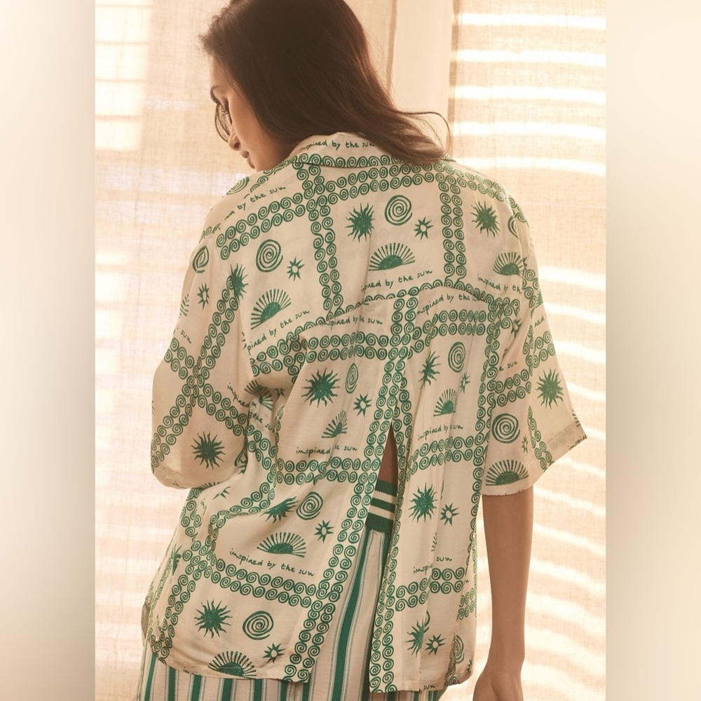 Anthropologie Geometric Green and Cream Button Down Shirt